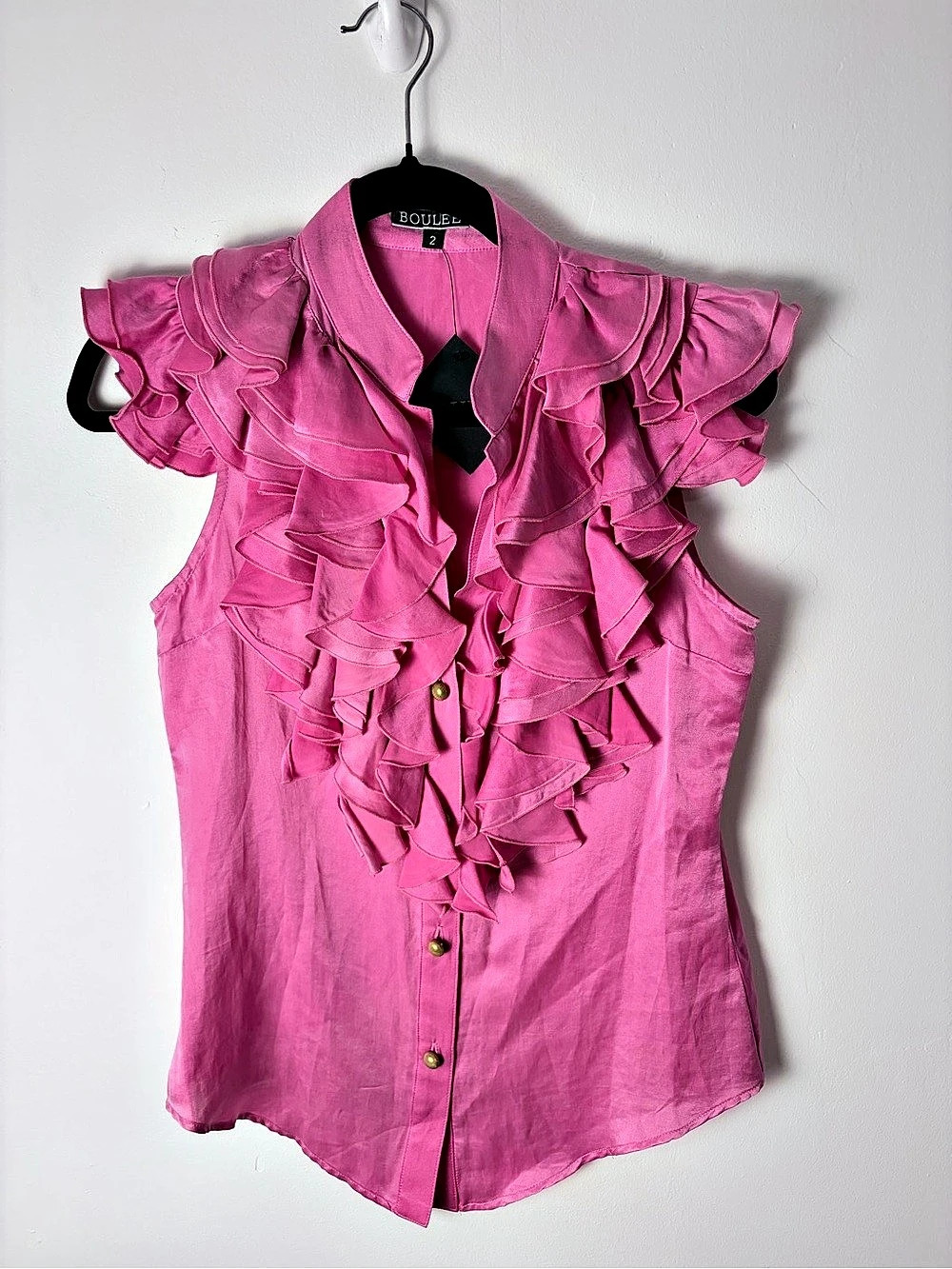 BOULEE Fuchsia Pink 100% Silk Ruffle Button Front Blouse Size 2 NWT